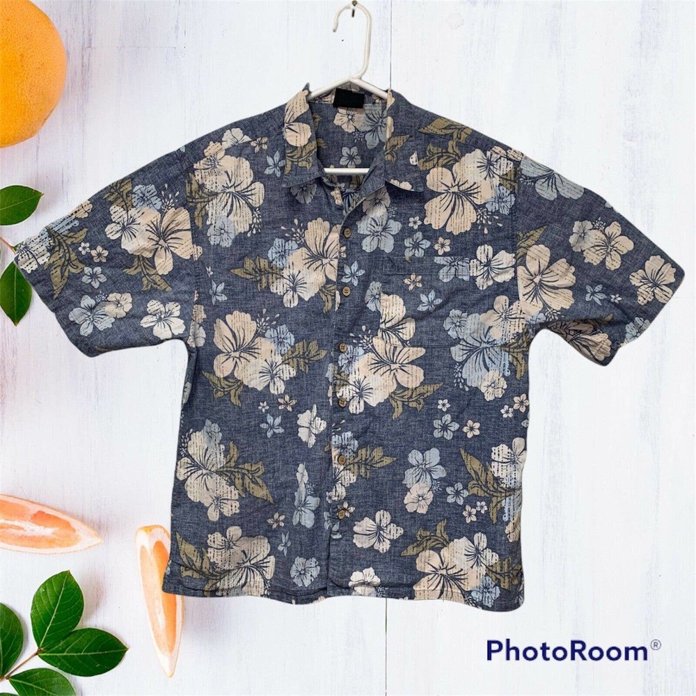 Vintage OP Ocean Pacific Mens XL Blue Hawaiian Floral Shirt Camp Surf Aloha